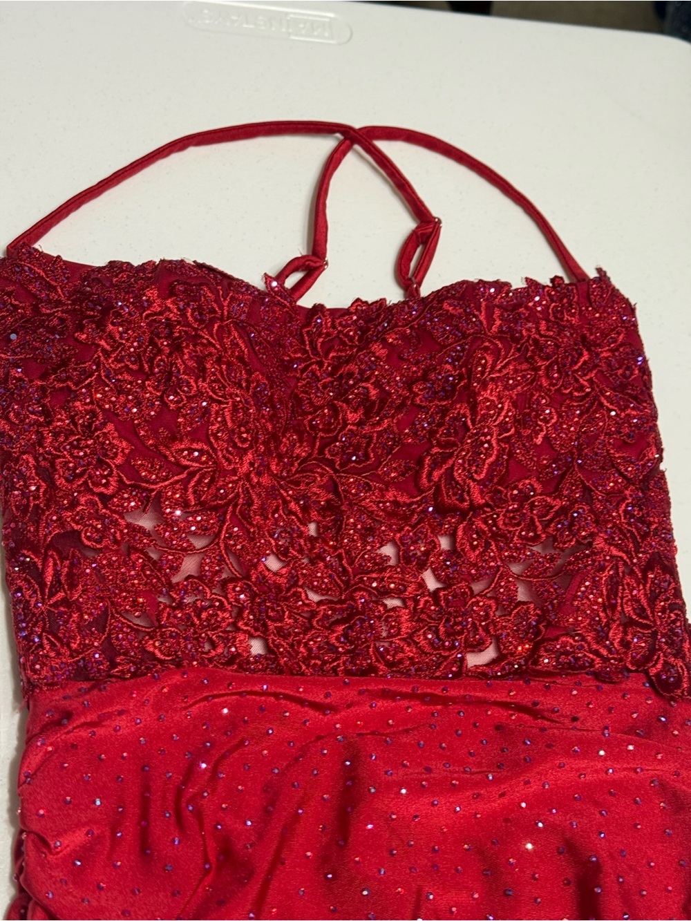Red Embellished Lace Spaghetti-Strap Evening Dress